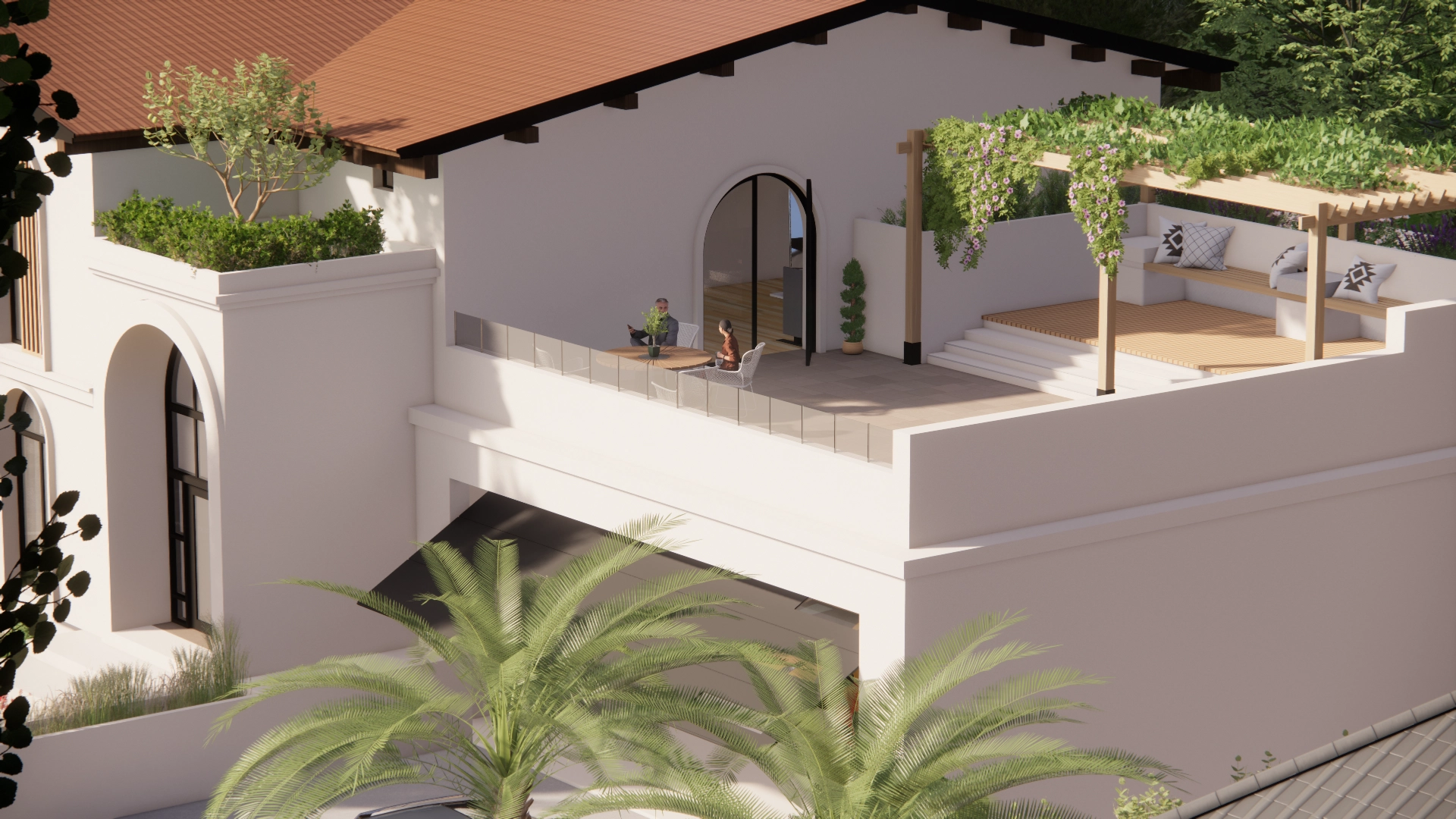 A white roof terrace with arched doors, a planted pergola and built-in seating