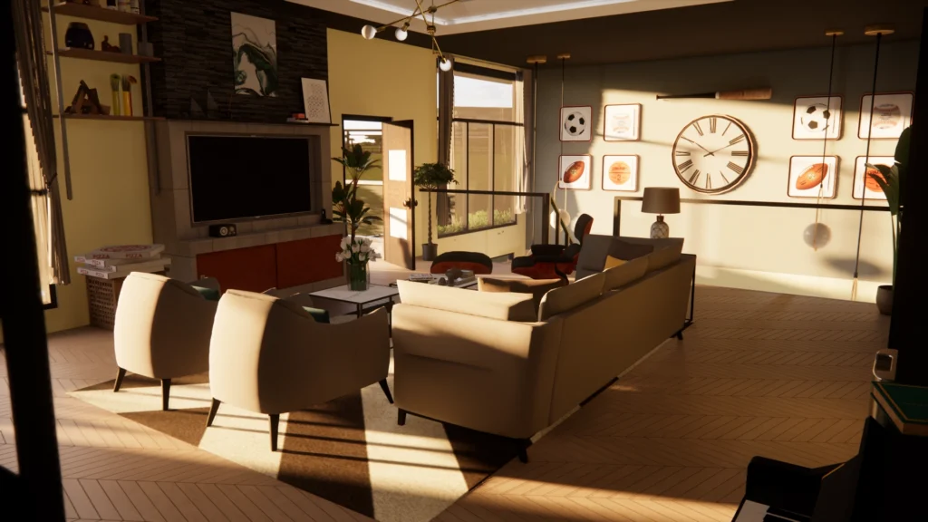 A living room in warm afternoon sun
