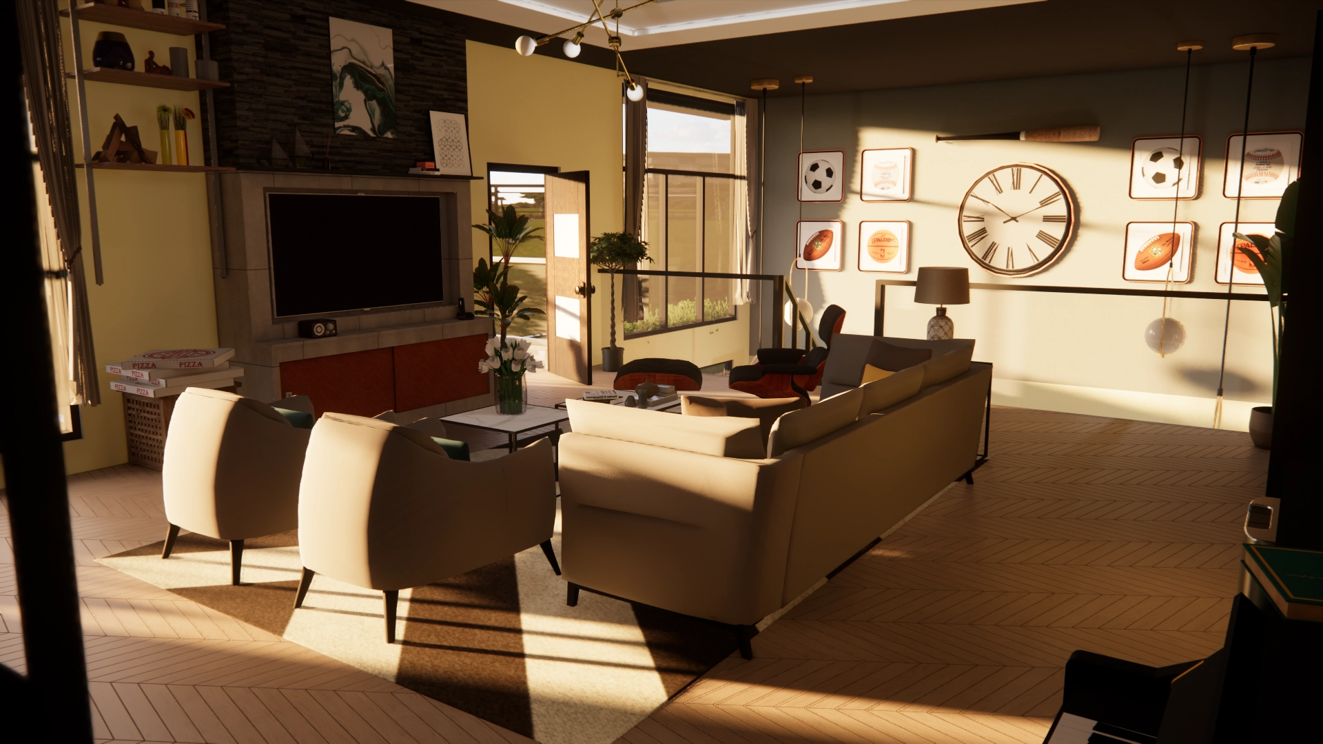 A sunlit living room with soft armchairs, a timber floor and a wall of framed prints