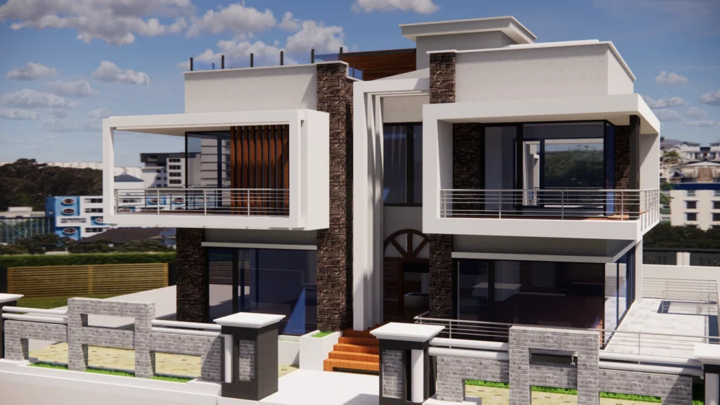 A modern two-storey house with a white facade