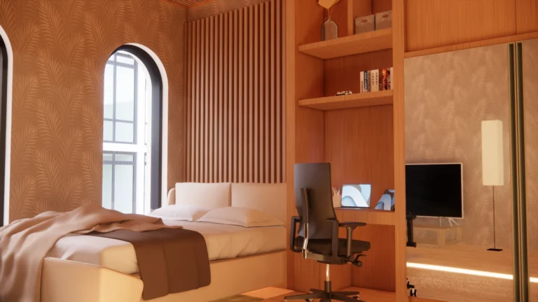 A terracotta bedroom with timber slats
