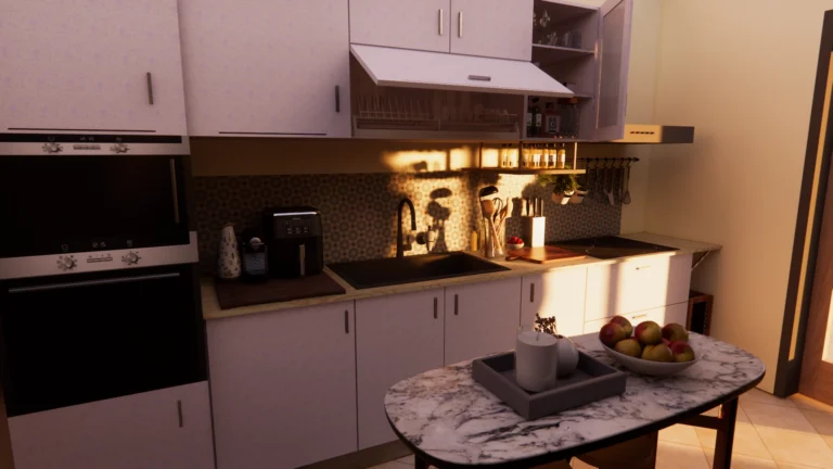 A kitchen with a marble table in warm evening light