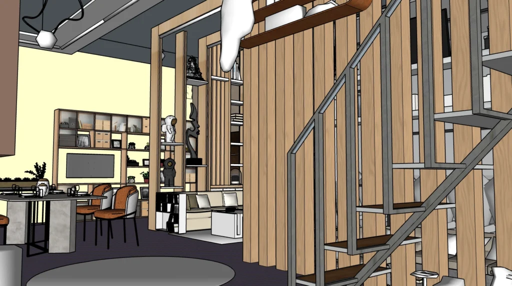 A 3D model of a living room with a slatted timber stair