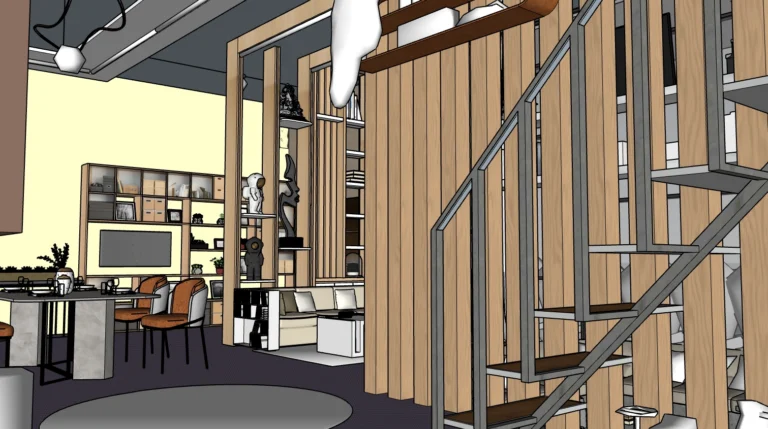 A 3D model of a living room with a slatted timber stair