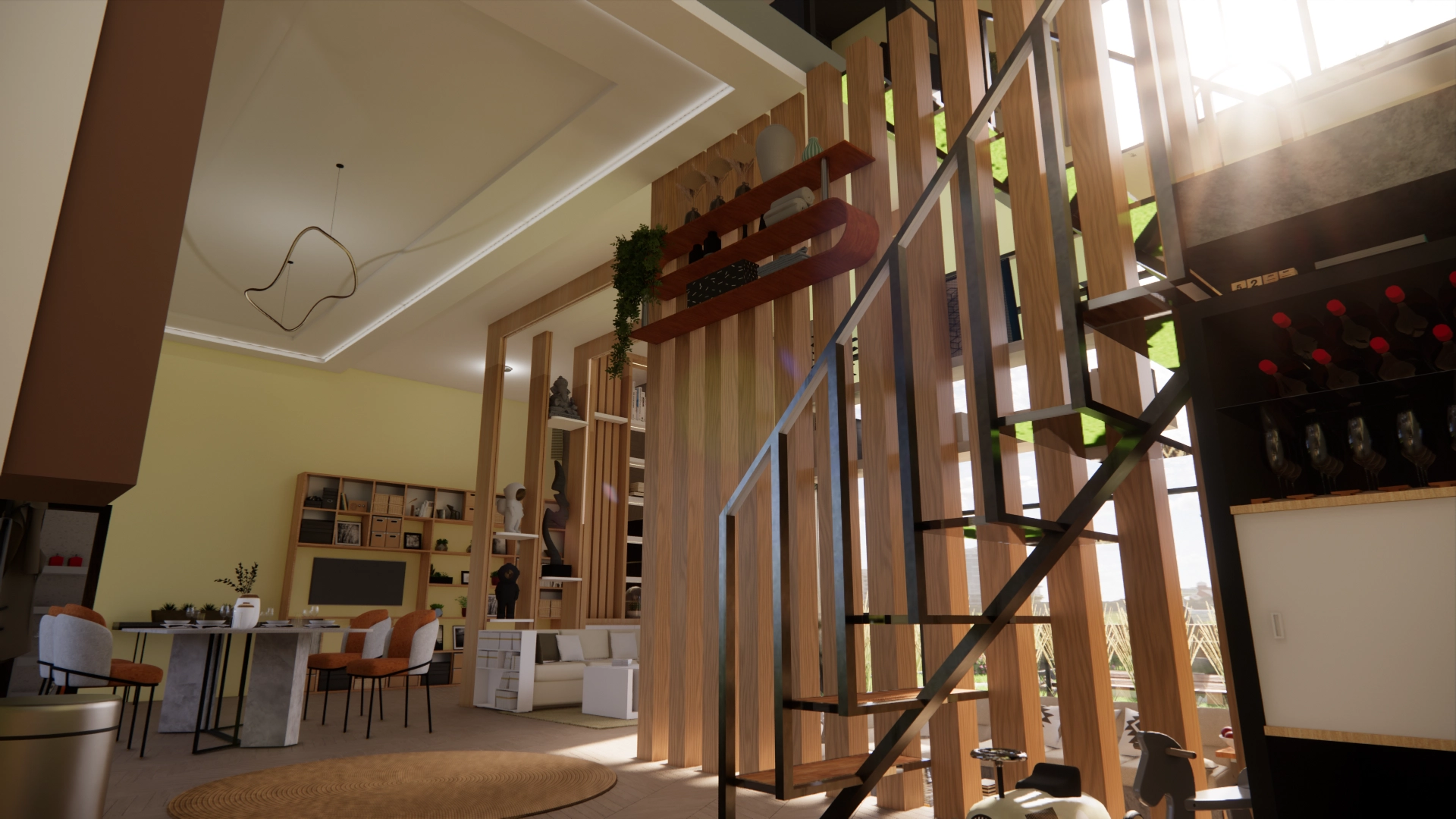A living and dining space behind a timber slat stair in afternoon sun