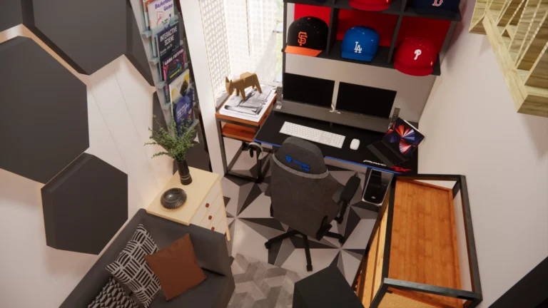 A finished study room with a desk and storage, seen from above