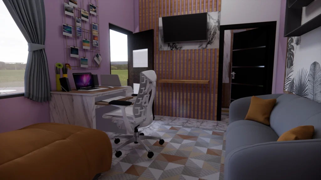A lilac study bedroom with a white desk and a soft grey armchair