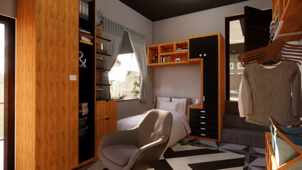 A built-in timber wardrobe beside a reading chair